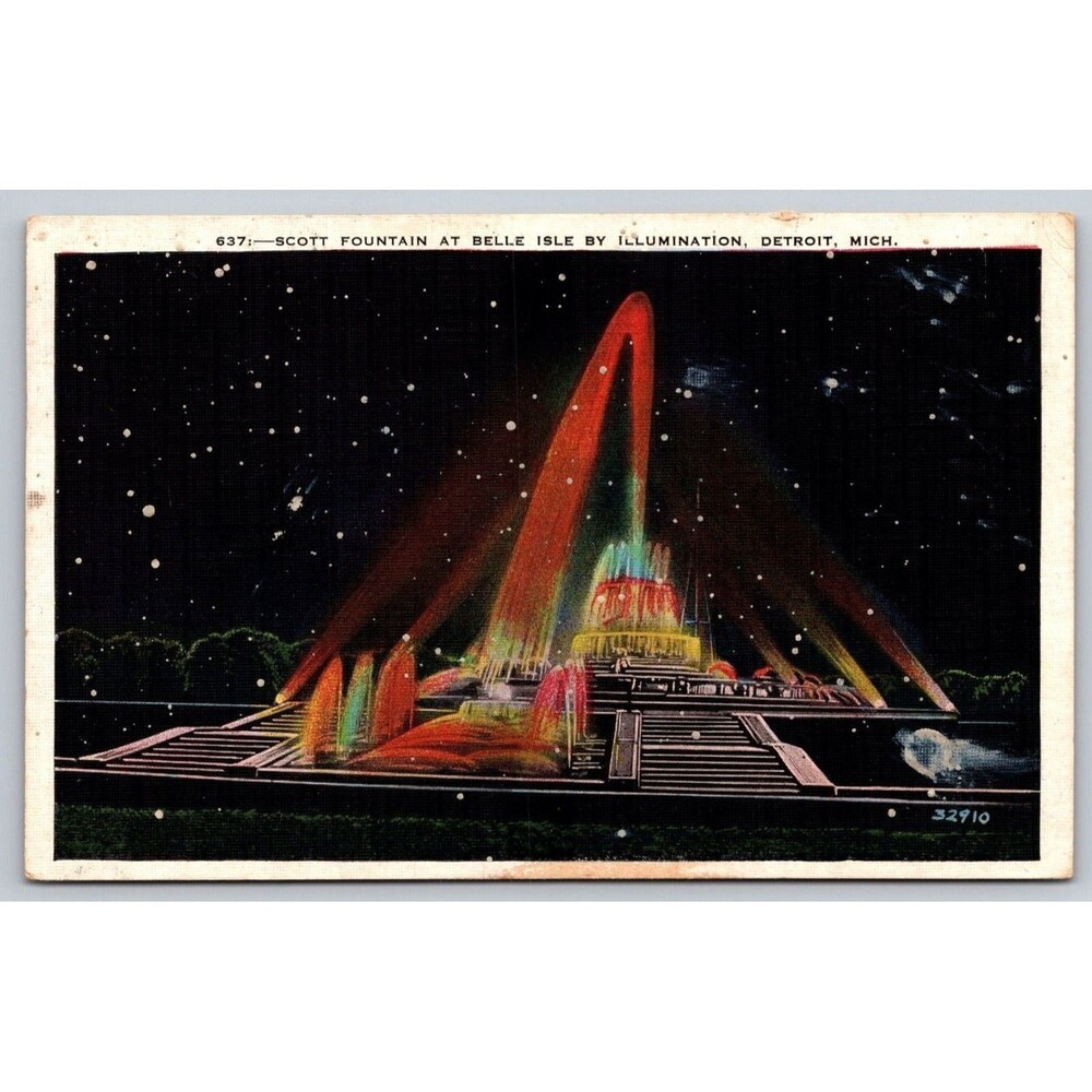 Vtg 1928 Scott Fountain Belle Isle Detroit Michigan Night Illumination Postcard